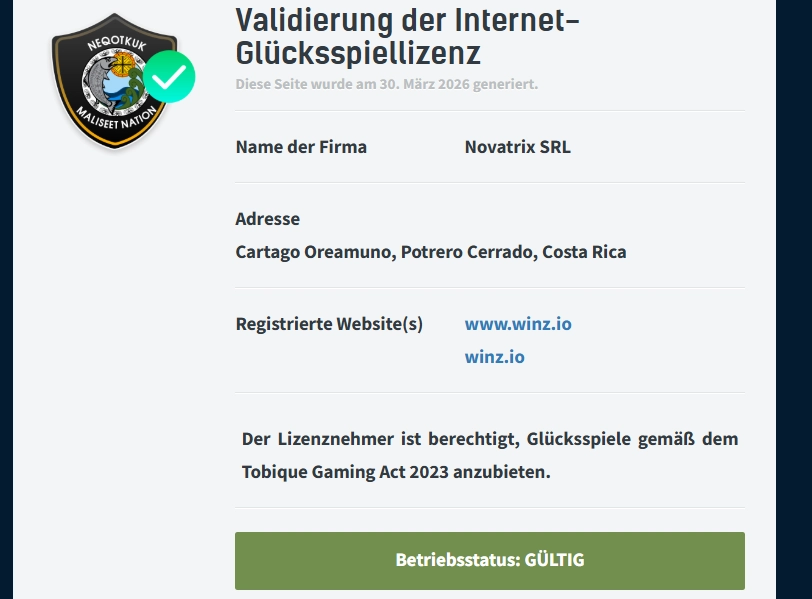 Winz Casino Lizenzvalidierung mit Firmendaten von Novatrix SRL