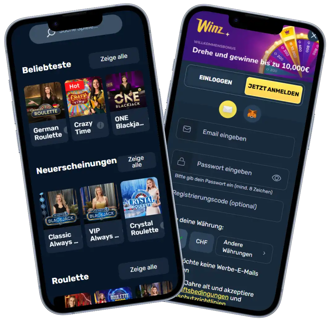 Winz Casino mobile Ansicht mit Slots Live Casino und Registrierung auf Smartphone