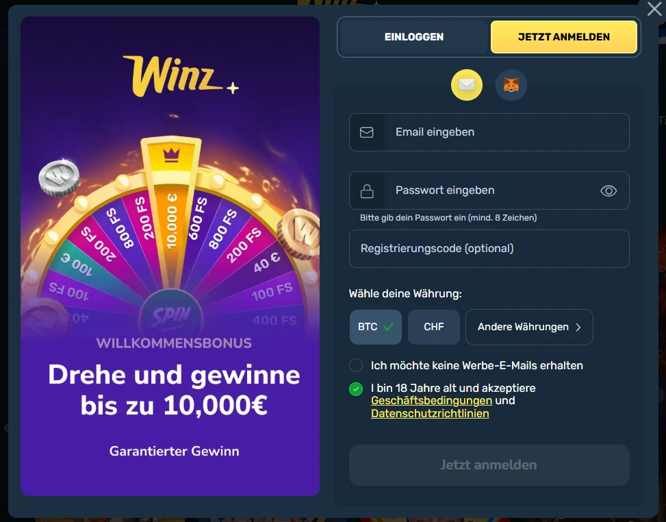 Winz Casino Registrierung mit Wheel of Winz Bonus und Anmeldeformular