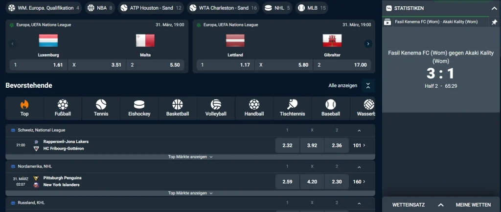 Winz Casino Sportwetten Übersicht mit Fußball Eishockey Basketball und Live Quoten