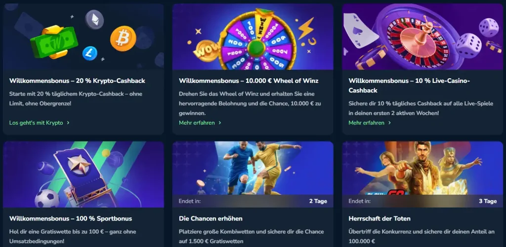 Winz Casino Willkommensbonus mit Krypto Cashback Wheel of Winz und Live Casino Angeboten